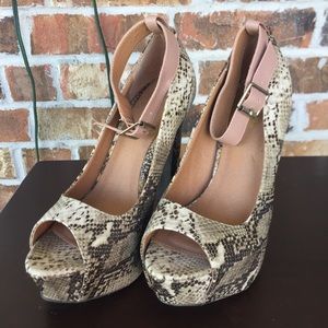 Snake print peep-toe heels with ankle strap